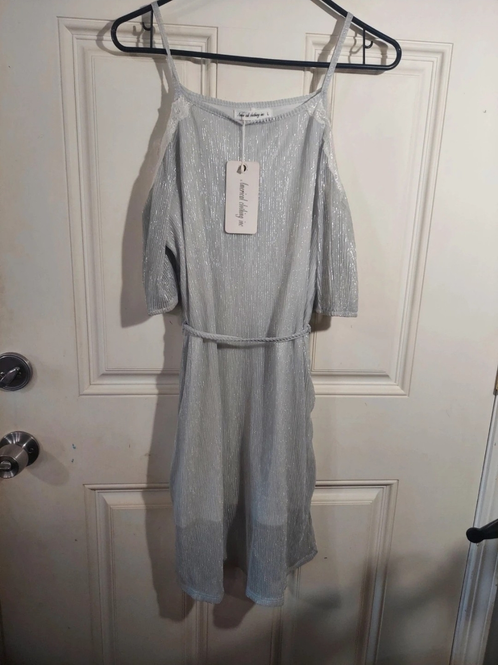 American Clothing Inc. Cold Shoulder Silver Midi Dress with Belt Nwt